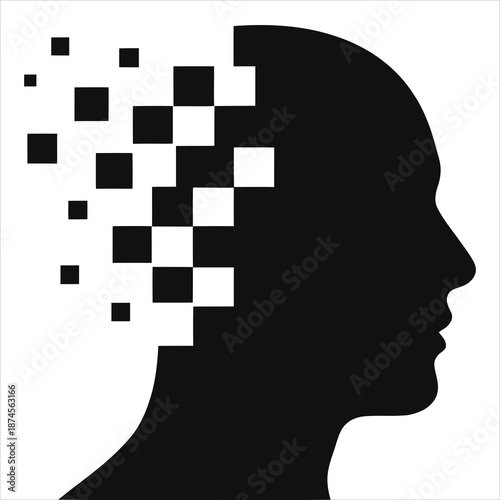 Artificial Intelligence concept. Vector silhouette of a human head transforming into digital pixels, symbolizing AI, machine learning, and the future of technology. Mind dissolving into data.