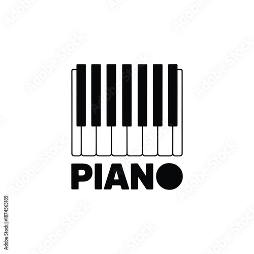 Simple black and white illustration depicting a piano keyboard with the word piano