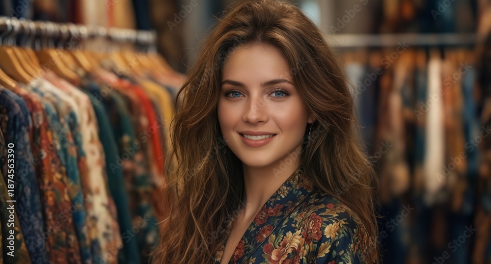 Naklejka premium beautiful woman smiling in a vintage clothing store, fashion and lifestyle concept.