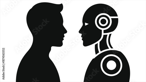 Human vs Robot Face Off – AI Concept Vector Illustration, Futuristic Silhouettes, Technology Battle, Future of Automation, Man vs Machine, Digital Evolution, Cybernetic Showdown, Smart Tech