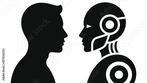 Human vs Robot facing silhouette vector. Artificial Intelligence concept showing man and cyborg profile. Future technology, automation, AI interaction and digital evolution icon design.