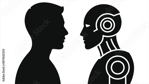 Human vs Robot Face Off – Artificial Intelligence Future Concept, Man and Android Silhouette Confrontation, Human Machine Interaction, AI Technology Conflict Vector Illustration, Man vs AI