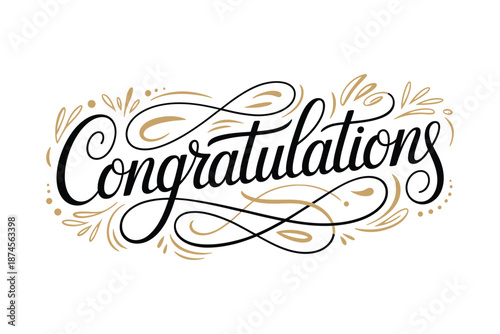 Elegant calligraphy reads congratulations with decorative gold and black flourishes