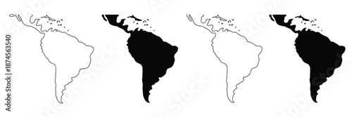 Latin America Vector Map on White Background, Political Map Featuring Low Detail, Solid Simple Style, Black and White Silhouette, Linear Vector Illustration of Latin America Countries for Geography