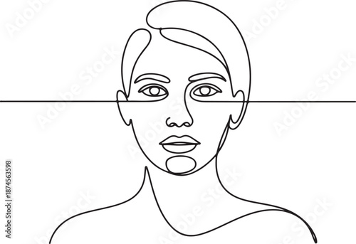 Elegant continuous line art portrait of a woman, emphasizing minimalist design and modern aesthetic with a distinctive line across the eyes for a unique artistic touch
