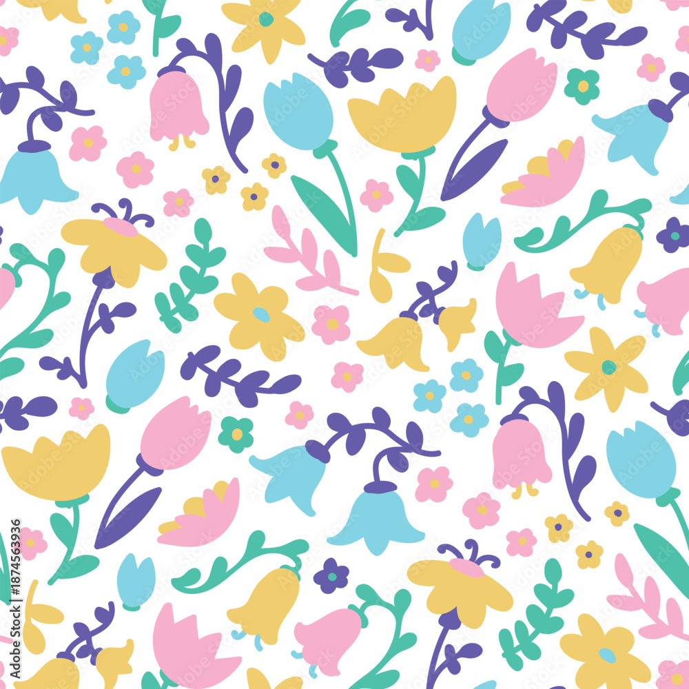 Fototapeta premium Abstract hand drawn vibrant silhouette flowers seamless pattern for decoration design.