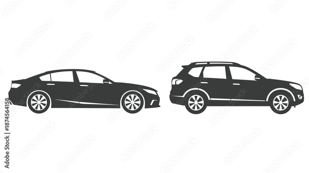 Fototapeta premium Black car and suv side view silhouette on transparent background