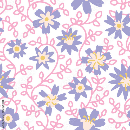 Curly delicate abstract hand drawn flowers with outline stems seamless pattern on a white background.