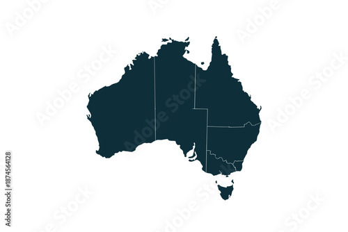 A dark teal silhouette of the continent of Australia and its internal state borders