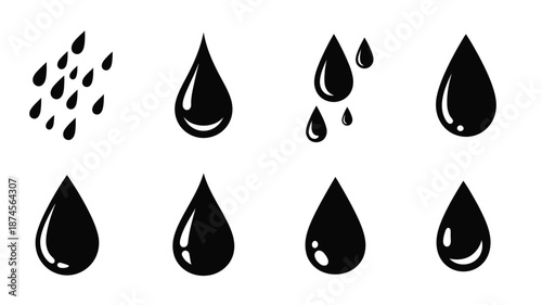 Collection of water droplet designs in various shapes on transparent background silhouette