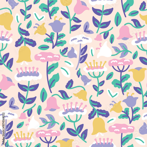 Hand drawn flowers in abstract modern style seamless pattern.