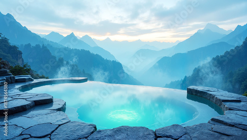 Infinity hot pool with serene mountain view in tranquil dawn mist in minimalist luxury travel photography style with cool blue grey colors representing relaxation wellness spa resort vacation escape