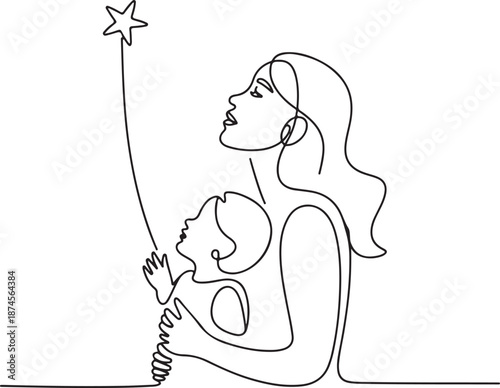 Minimalist continuous line art of a mother and child gazing at a star, representing dreams, hope, and the family bond