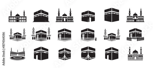 Islamic Kaaba and Mosque Icon Set. Muslim Holy Architecture Symbols Collection, Islamic Religion Landmark Icons. vector illustration eps 10