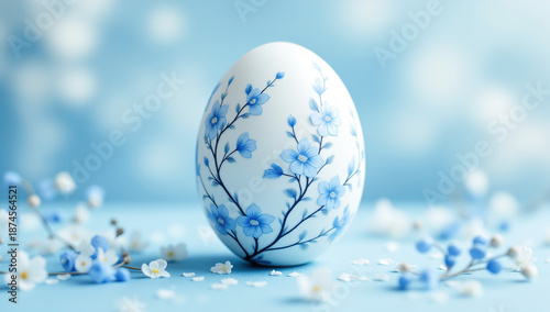 Decorative Easter egg with delicate blue floral pattern in soft pastel blue and white colors in minimal still life style representing spring holiday celebration Christian Easter tradition background