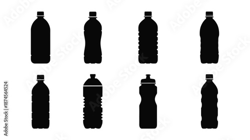 Various plastic bottle shapes in black silhouette on transparent background