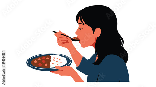 Woman enjoying a meal with curry rice digital illustration on transparent background silhouette