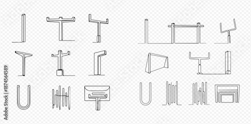 Set of various bike parking racks and stands, bicycle storage elements in outline style.