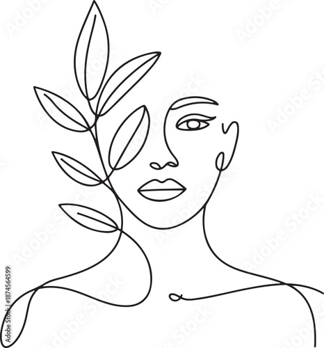 Elegant continuous line art of a woman and plant, a minimalist concept of natural beauty and tranquil wellness