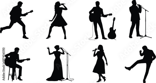 Music performer silhouettes, singers and guitarists performing live, isolated black figures on white background