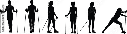Nordic Walking Silhouettes Vector, Walking Poles Exercise, Outdoor Fitness Routine, Healthy Lifestyle Graphic, Physical Training Illustration, Active People  