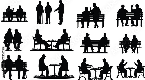 People silhouettes, bench sitting, chess playing, social interaction, leisure activity, black icons, minimalist style, outdoor recreation, companionship, human connection
