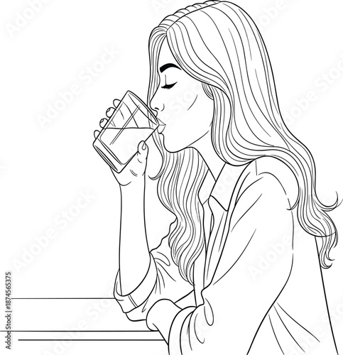Person drinking from glass, line drawing, black and white, relaxed mood, long hair, closed eyes, peaceful 