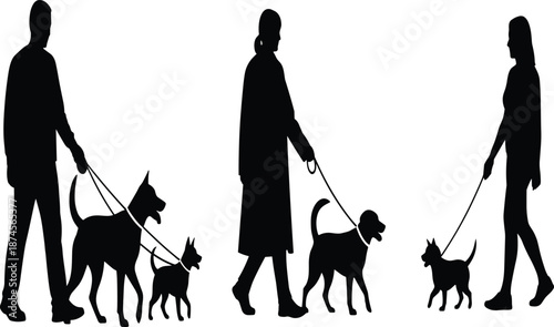 People walking dogs silhouette, pet owner illustration, outdoor activity vector, man woman with pets, leisure walk artwork, animal companionship design