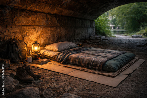 An improvised homeless man's sleeping place under a bridge with a lamp.