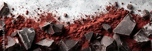 Panel kuchenny z motywem Modern culinary background featuring dark chocolate pieces and red cocoa powder for dessert, baking, or confectionery branding