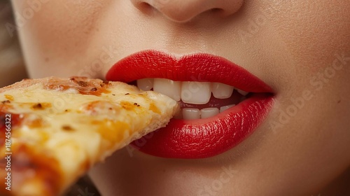Sensual lips of a girl eating pizza