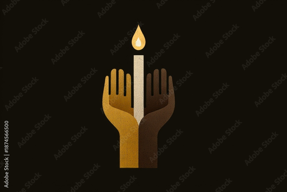 Obraz premium Minimalist graphic of two hands holding a lit candle, representing unity, compassion, and hope in challenging times or commemorative contexts