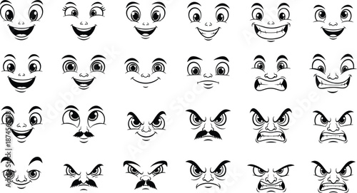 Comprehensive Set of Cartoon Facial Expressions and Emotions Featuring Happy Angry Surprised and Grumpy Character Graphics.