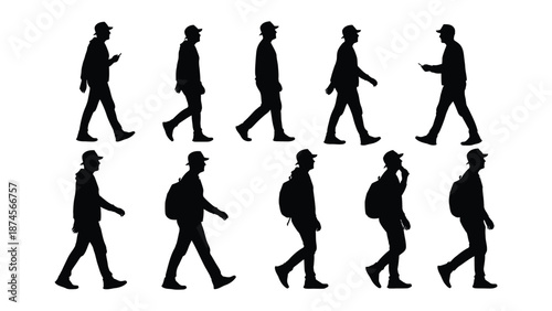 Collection of black silhouette icons illustrating various male figures walking outdoors with different accessories and phone usage