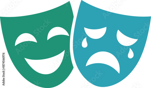 Comedy and tragedy masks, happy and sad emotions, theater drama icons, flat vector illustration isolated on white background