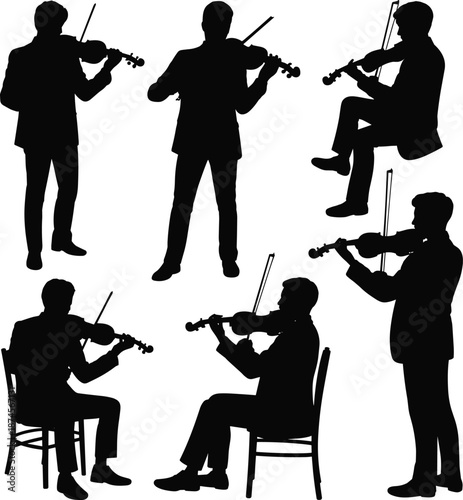 Violinist silhouettes, classical musicians playing violin, string instrument performance poses, orchestral music figures isolated on white background