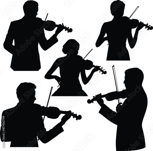 Violinist silhouettes performance, classical string musicians playing violin, orchestral music poses isolated on white background
