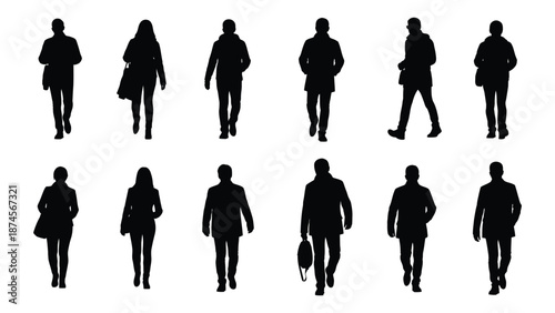 Collection of twelve distinct black and white walking person silhouettes representing a diverse group of urban commuters and pedestrians