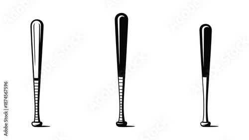 Three black and white baseball bats in a row on a white background with shadows sports equipment
