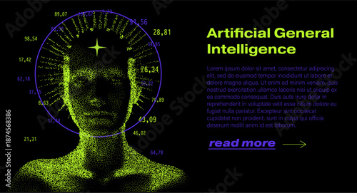 Glowing purple neural cloud of numbers and squares forming a face shape on black. Conceptual vector illustration for Artificial General Intelligence themes.