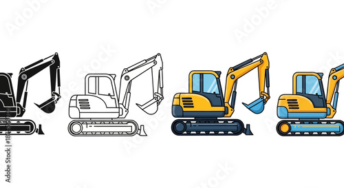 Detailed vector illustrations of excavators in silhouette, outline, and colored styles, perfect for construction and heavy machinery graphic design assets