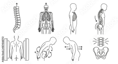 Vector illustrations of human spine anatomy, skeletal system, posture, and back movement diagrams for medical, educational, and chiropractic health content