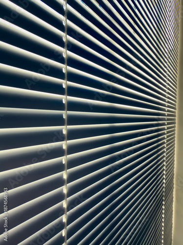 Perspective of a tall old window blind with a manual lift cord (left foreground) and long, narrow metallic slats closed against morning sunlight in a living room. Side view, optical illusion.