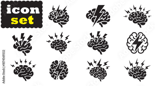 Brain with lightning icon Set, Brain with lightning solid Vector
