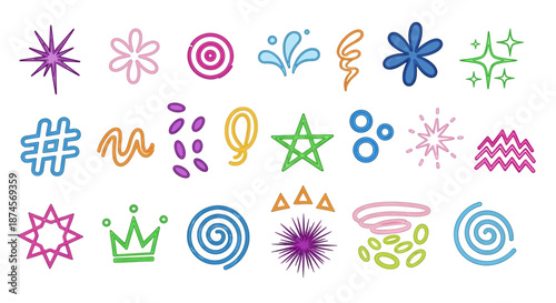 Vibrant collection of abstract hand-drawn graphic elements and playful doodle shapes, ideal for creative design projects and decorative accents