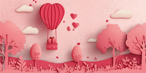 Gift box with heart balloon floating it the sky, Happy Valentine's Day banners, paper art style.