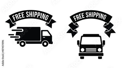 Two free shipping ribbon icons with delivery trucks on transparent background silhouette