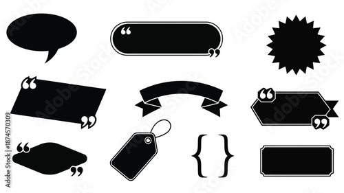 Collection of black speech bubbles and ribbons perfect for design on transparent background silhouette
