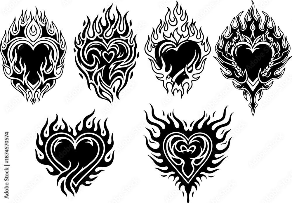 Obraz premium Tribal Fire Flame Symbol Set – Black Flame Emblem Vector Icons
