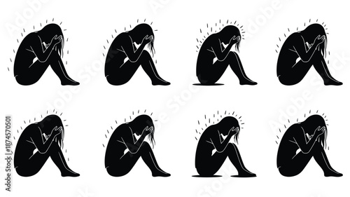 Repeating silhouette of a grieving person isolated on transparent background